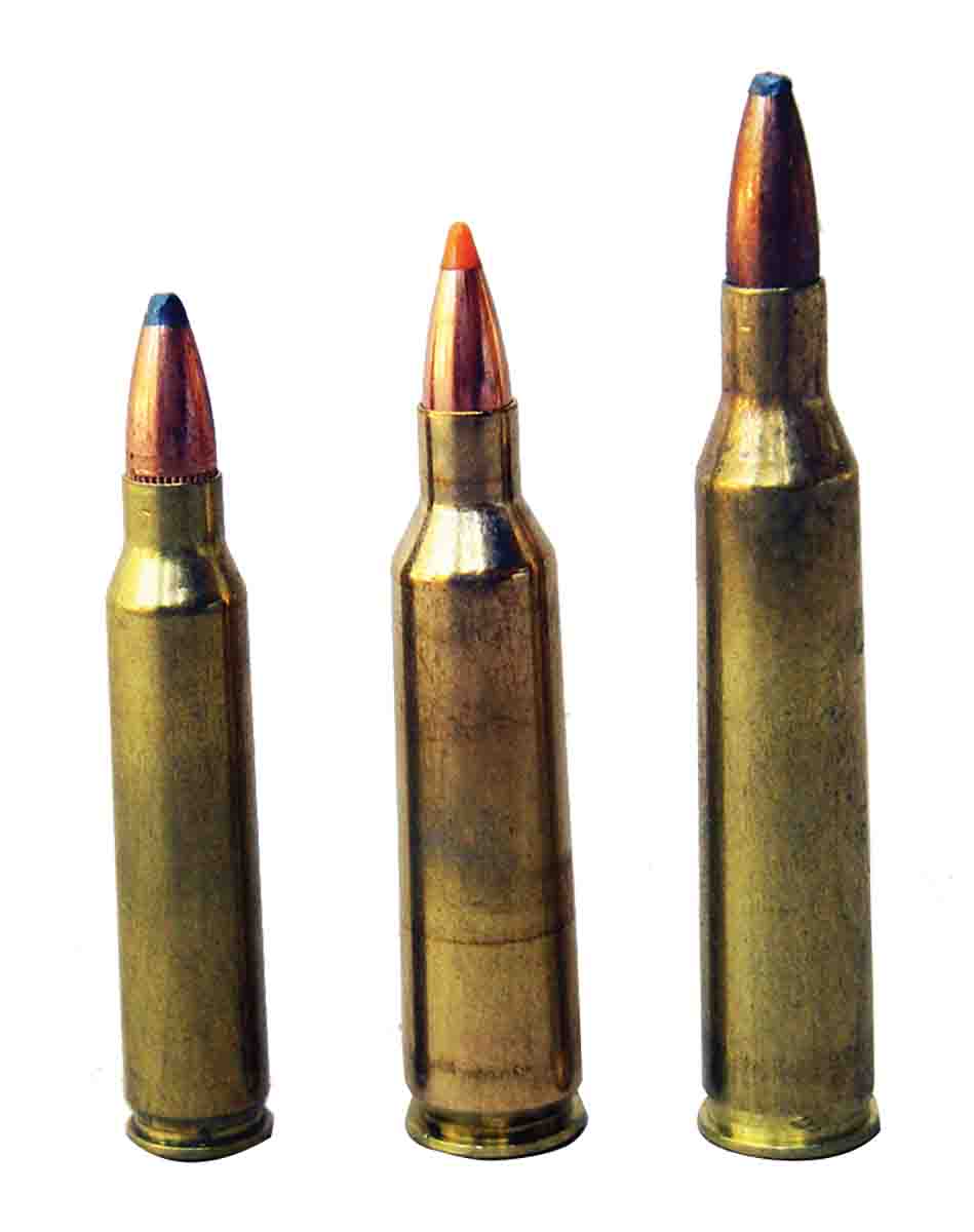 The .22-250 Remington (center) offers a notable performance increase over the .223 Remington (left). The .22-250 produces similar velocities as the .220 Swift (right), but boasts of longer barrellife, better accuracy and efficiency and is of more modern design.